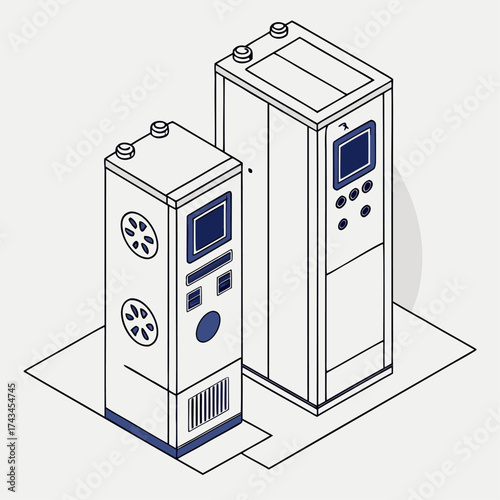 Isometric vector illustration of a basic PLC system with controllers, input/output modules, relays, and industrial automation equipment in clean design.