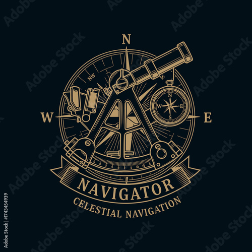 Vintage Celestial Navigation Emblem with Sextant and Compass.