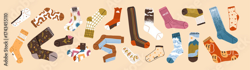 Set of different stylish socks. Fashion stockings with various prints. Pairs of woolen and cotton hosiery. Trendy winter accessories, warm wearing, clothes items. Flat isolated vector illustrations