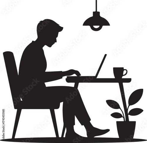 Silhouette of a man working on a laptop at a desk with a plant and a lamp vector illustration