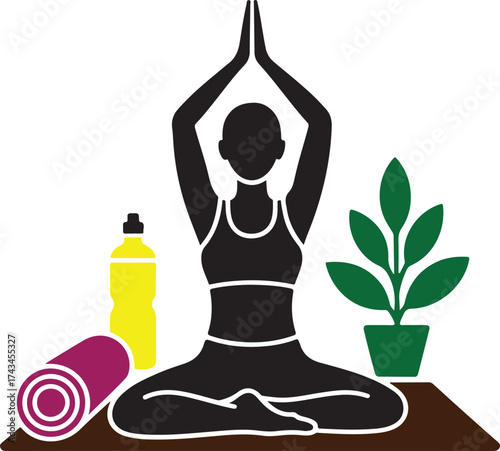 Silhouette of a person meditating in a yoga pose with a yoga mat, water bottle, and plant meditation