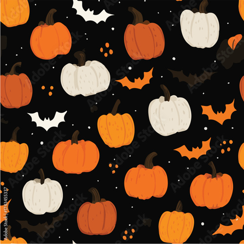 Halloween seamless pattern, minimal vector by pumpkins bats