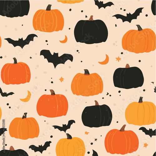 Halloween seamless pattern, minimal vector by pumpkins bats