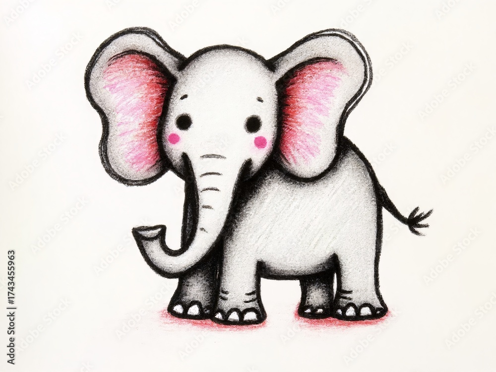 Fototapeta premium Cute cartoon baby elephant drawing with pink ears and cheeks.