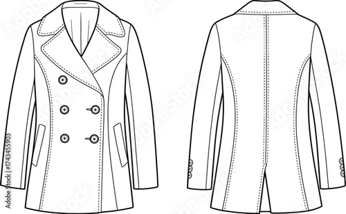 Classic double breasted coat fashion flat sketch front and back view with lapel collar and button details technical vector illustration