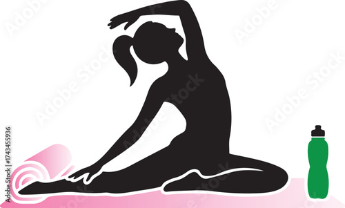 Silhouette of a woman doing yoga on a pink mat with a rolled yoga mat and green water bottle fitness