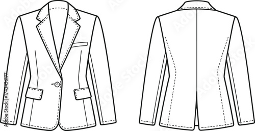 Classic tailored blazer flat fashion sketch with notch lapel and pocket detail technical vector drawing for apparel design illustration