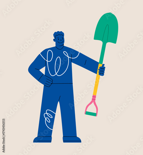 Man holding shovel in hand. Colorful vector illustration