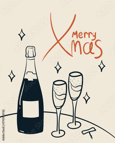Merry Christmas greeting card. Doodle drawing of champagne bottle and wine glasses. Vintage ink sketch minimalist style. Hand drawn retro style vector illustration.