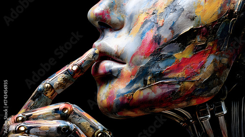 Abstract Robot Face with Finger to Lips Gesture, Colorful Oil Paint Texture, Artificial Intelligence Concept, Futuristic Technology, Black Background
