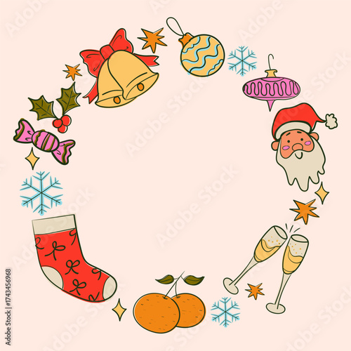 Christmas doodle colorful circle frame. Hand drawn Christmas toys, flute, snowflake, Santa decoration symbol. Vector illustration.