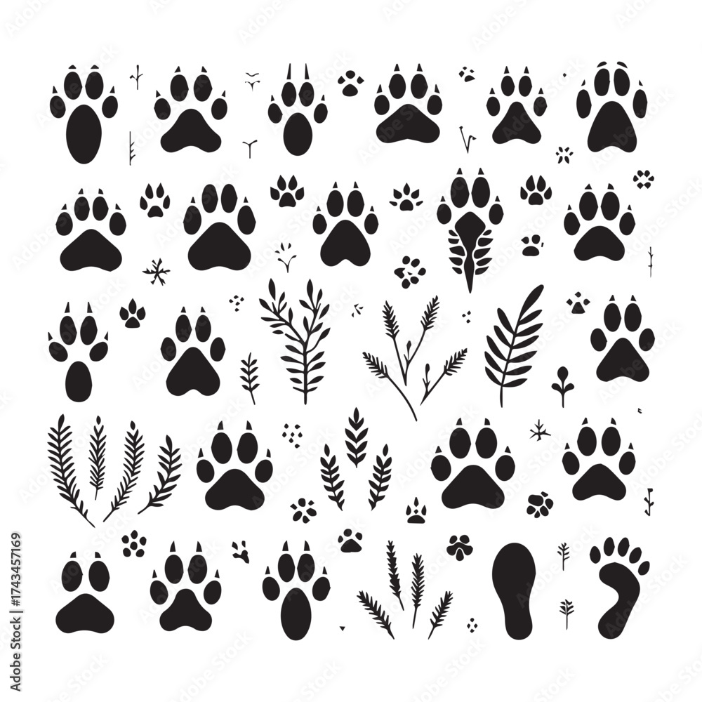 Fototapeta premium Assortment of Animal Paw Prints and Botanical Elements Scattered on White Background footprint