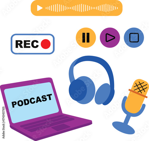 Podcast Equipment. Podcast Icon. Headphone. Clip on mic. Microphone. Recording