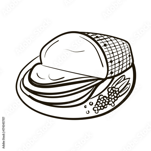 Roasted beef on plate with Christmas decoration. Doodle ink sketch minimalist style. Hand drawn retro style vector illustration.
