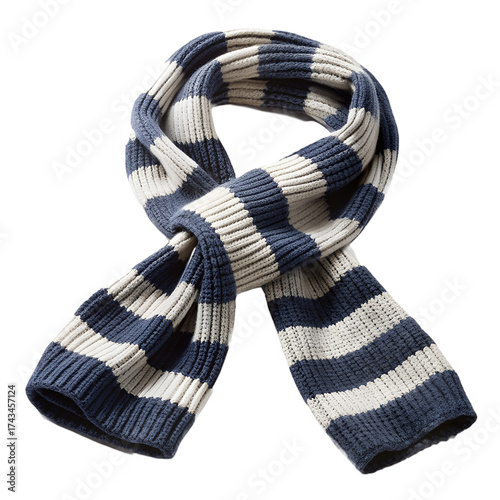 A cozy, striped knit scarf in navy blue and offwhite, tied in a loop, isolated on a transparent background, showcasing its ribbed texture and classic pattern for casual warmth