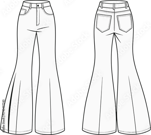 High waist flared jeans fashion flat sketch front and back view technical drawing vector illustration for apparel design and garment industry template