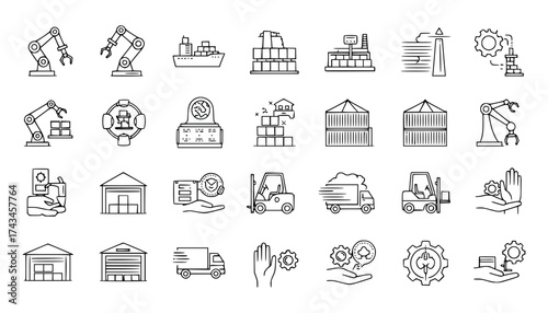 Vector art of collection of industrial and manufacturing icons, including robots, factories, trucks, and construction elements
