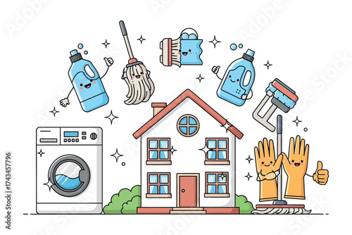 Vector art of cute cartoon illustration of a house with cleaning supplies like a mop, washing machine, and cleaning bottles