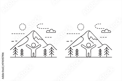Clean line art illustration of traveler enjoying outdoor mountain scenery