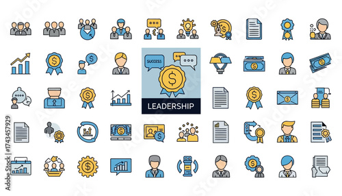 Vector art of collection of leadership icons and symbols representing teamwork, strategy, success, and management