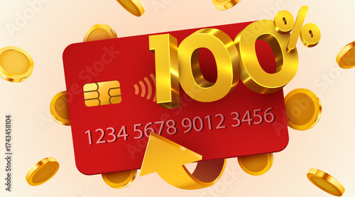 100 Percent Cashback Credit Card with Golden Coins. Concept for financial rewards, bonus programs, and special offers. Vector illustration.