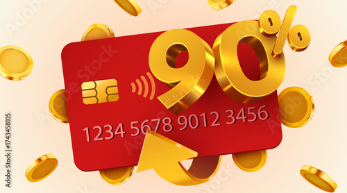 Credit card with 90 discount or cashback offer, surrounded by golden coins. Financial savings and rewards. Vector illustration