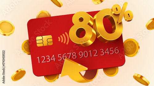 Credit card with 80 discount or cashback offer, surrounded by golden coins. Financial savings and rewards. Vector illustration