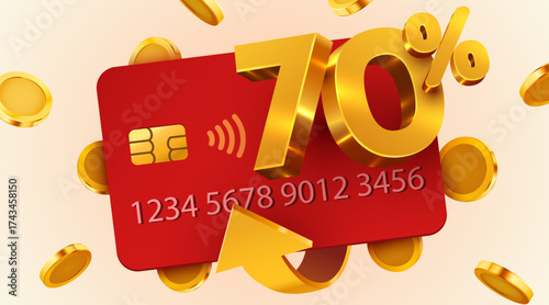 Credit card with 70 discount or cashback offer, surrounded by golden coins. Financial savings and rewards. Vector illustration