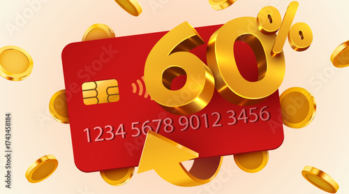 Credit card with 60 discount or cashback offer, surrounded by golden coins. Financial savings and rewards. Vector illustration