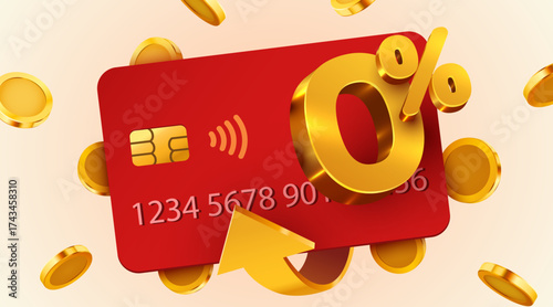 Zero Percent Offer on Credit Card, with golden 0 symbol and falling coins for financial promotions. Vector illustration.