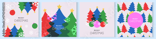Merry Christmas and Happy New Year cards, posters, holiday covers. Set of greeting Xmas banner templates with typography in modern geometric style for web, social media, print.