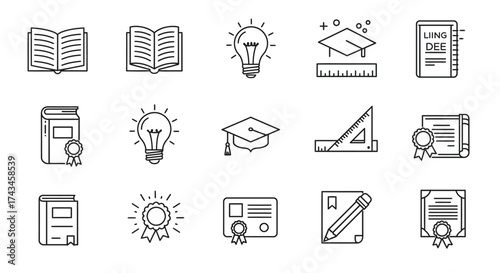 Set of educational icons representing knowledge, learning, graduation, and academic achievement, perfect for study resources and school materials
