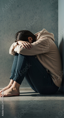 Young woman sitting with head down reflecting on winter fatigue  