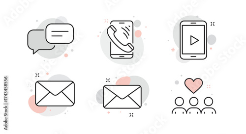 Set of modern line icons representing a communication concept with symbols for chat, call, video, email, and community