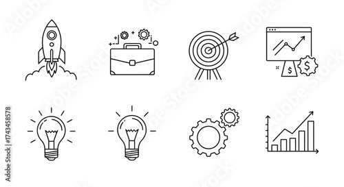 Modern concept line icons collection for business strategy, startup innovation, project development, and growth. Represents ideas, goals, success, analytics, and entrepreneurial progress