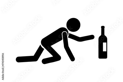 Stickman crawling toward wine bottle icon. Drunk man silhouette reaching for alcohol on the floor, symbol of addiction, alcoholism, or overdrinking problem, black vector illustration isolated.