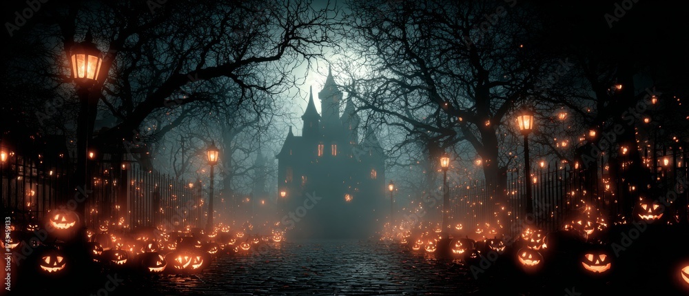 Fototapeta premium Haunted castle adventure: a kid's spooky imagination unleashed. Visual identity. Pumpkin paradise: moonlit majesty over enchanted spooky fortress. Dark aesthetic. Creative poster.