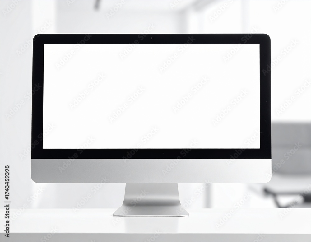 Fototapeta premium Modern desktop computer showing blank white screen in bright office