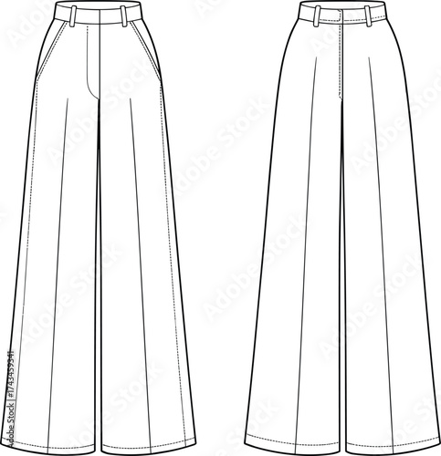 High waist wide leg trousers flat fashion sketch with pocket detail technical vector drawing front and back apparel illustration