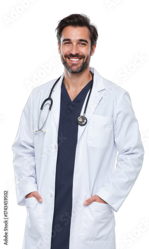 Doctor Stethoscope Smiling. A Caucasian male doctor with short dark hair and a slight beard, wearing a white coat