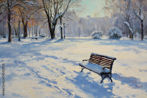 a painting of a bench in a snowy park