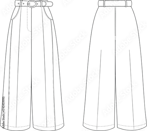 High waist wide leg pants flat fashion sketch with round belt detailed technical vector drawing for apparel design illustration