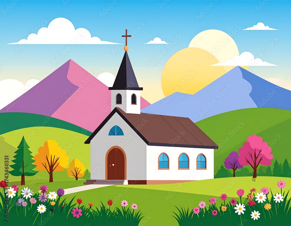 Naklejka premium Colorful church landscape with mountains