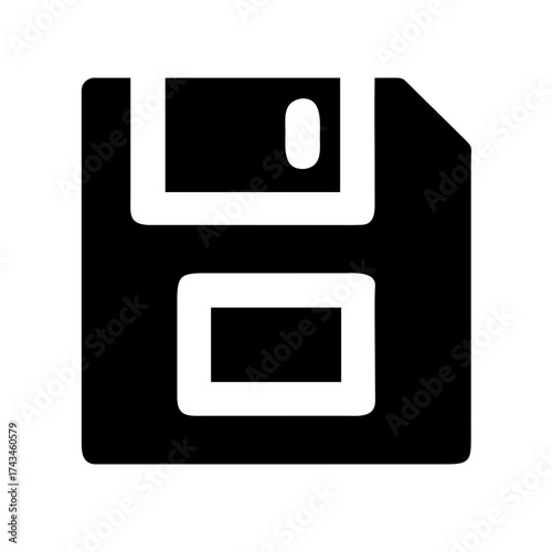 A black and white floppy disk icon