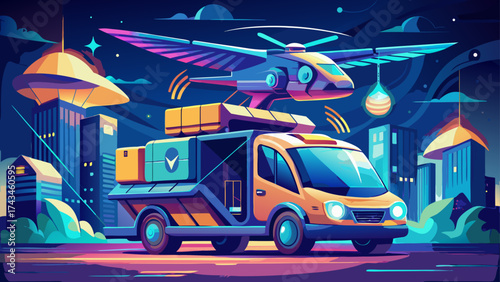Futuristic delivery drone-car hybrid, equipped with glowing wings and transparent cockpit, vector artwork representing innovation, automation, and the evolution of modern logistics.