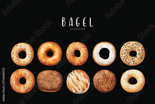 Bagel Set Watercolor Bakery Illustration Hand Painted Breakfast Clipart on black isolated background