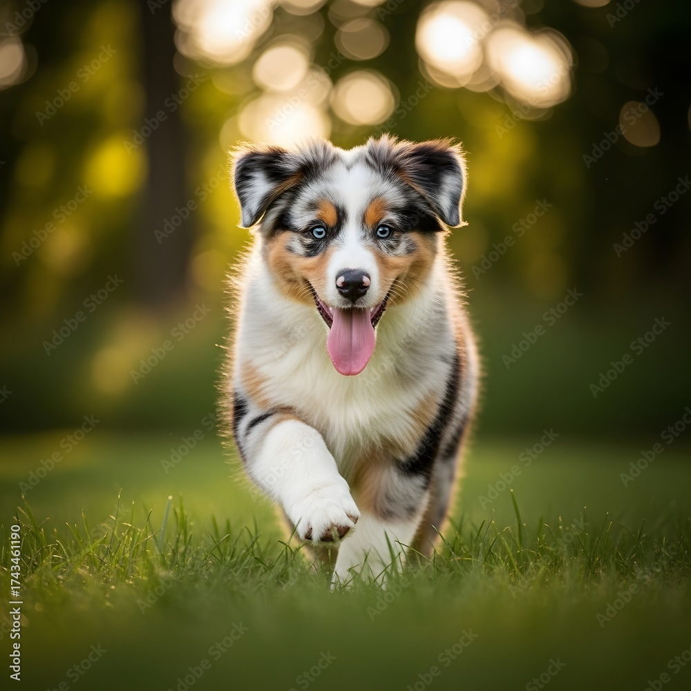 Fototapeta premium Adorable Australian Shepherd Puppy Running Through Grass with Bokeh Background and Golden Hour Lighting