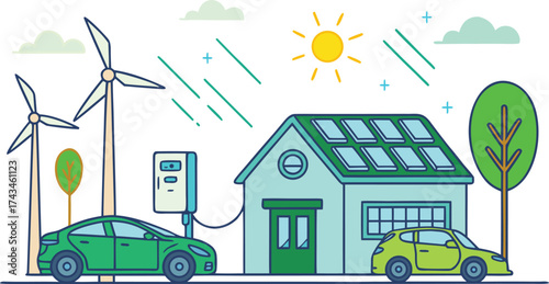 Eco-Friendly Lifestyle with Electric Cars, Solar Panels, and Green Energy Icons
