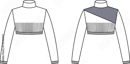 Long sleeve turtleneck top fashion flat sketch with pleated cropped panel and diagonal color block design technical vector illustrationLong sleeve turtleneck top fashion flat sketch
