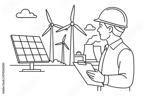 Renewable energy coloring page, solar panel, wind turbines, power plant, field engineer, clipboard inspection